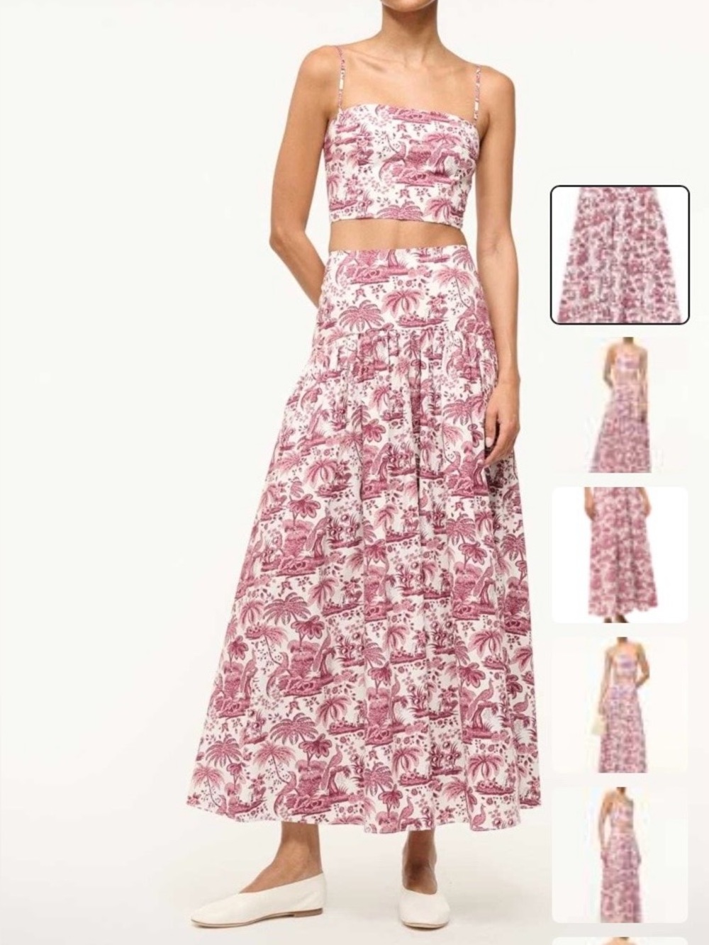 Joie White and Pink Toile Pleated Midi Skirt